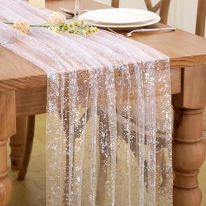 P Pothuiny 6 Pcs White Silver Table Runner 28 x 120 Inch, Glitter Metallic Foil Tulle Table Runner Party Silvery Sheer Gauze Table Decor for Wedding Birthday Christmas Anniversary
