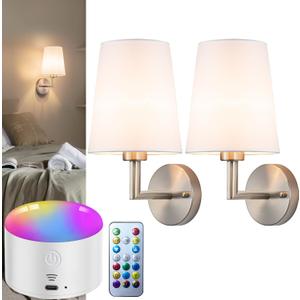 Battery Operated Wall Sconces set of Two,Wireless Wall Sconces with 10000mAh Dimmable Bulb and Remote,LED 15 Colors Rechargeable Gold Wall Sconce with Fabric for Bedroom Living Room Hallway Wall Decor