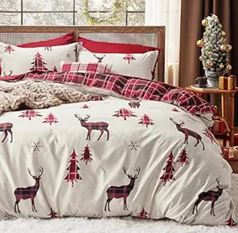 Bedsure Christmas Duvet Cover Queen - Christmas Bedding Set, Reversible Buffalo Check Printed Plaid Duvet Cover, 3 Pieces Bedding Set with 2 Pillow Shams (Queen, Reindeer)