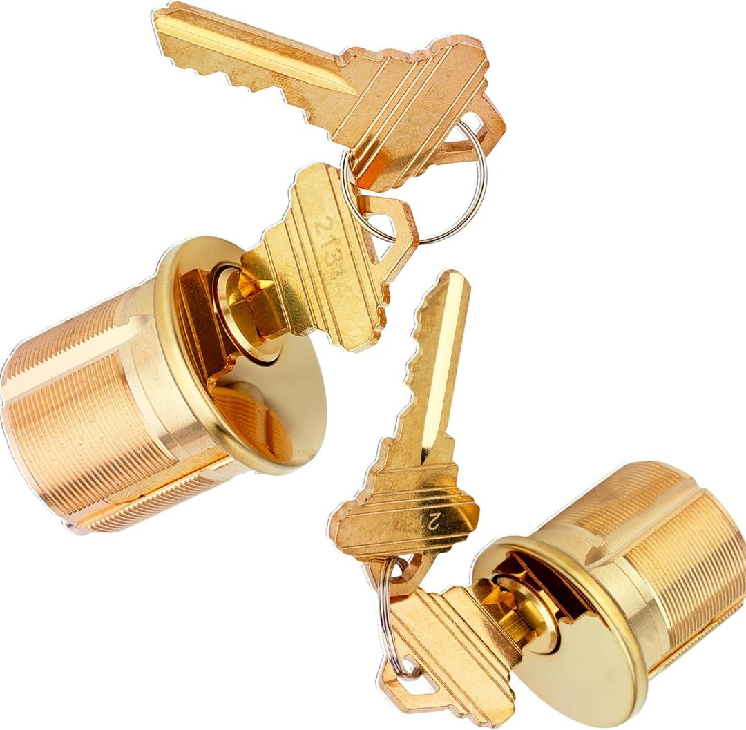 2 Pack Brass Mortise Cylinder Keyed Alike with 4 Keys for SC Keyway Standard Commercial Door Lock Cylinder, Storefront Door Lock Replacements, Gold Finish (1 1/4 "-32 mm Length)