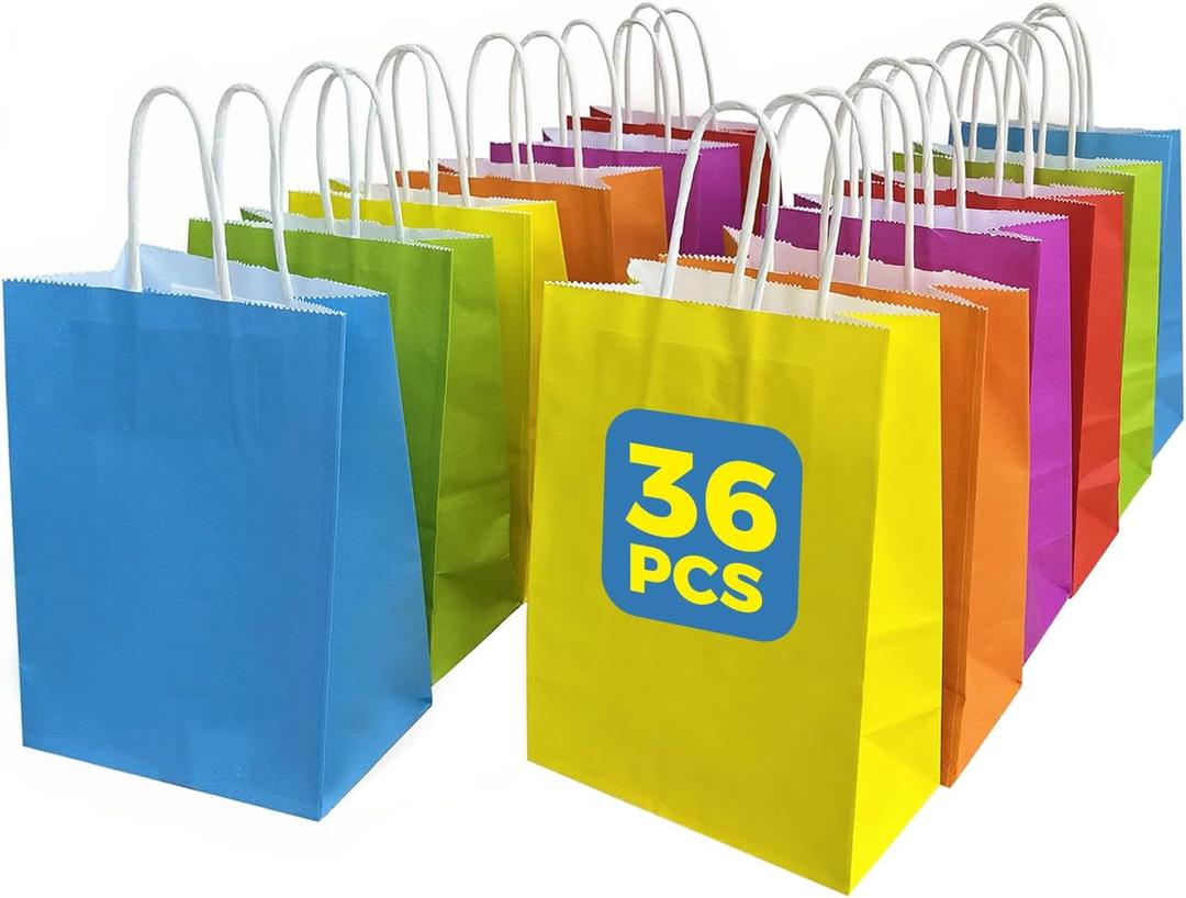 Sanyuanzhou 36 Pack Gift bags with handles8.2"3.1"5.9" paper bags with handles bulkFor children's birthdays, baby showers, crafts, weddings, party supplies (6 colors)