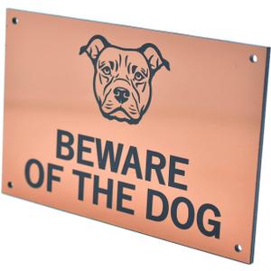 Beware of the Dog Sign (Staffordshire Bull Terrier) - Easy to See Warning, Indoor/Outdoor Notice, Deterrent Sign (Gold/Silver/Copper) (Copper)