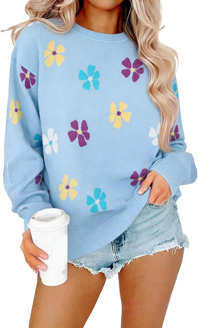 Flower Sweaters for Women Floral Print Pullover Cozy Knit Sweater Crewneck Long Sleeve Shirts Cute Outfits Tops (Blue, L)