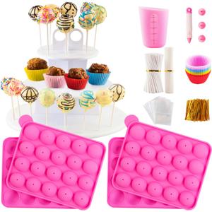 Cake Pop Maker Kit with 2 Silicone Mold Sets with 3 Tier Cake Stand, Chocolate Candy Melts Pot, Silicone Cupcake Molds, Paper Lollipop Sticks, Decorating Pen with 4 Piping Tips, Bag and Twist Ties (9.06*7.48*1.57 inch, Pink)