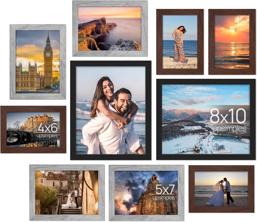 upsimples 10 Pack Picture Frames Collage Wall Decor for Mounting or Tabletop Display, Photo Gallery Frame Set for Family, Multi Sizes Including 8x10, 5x7, 4x6, Black Gray Brown