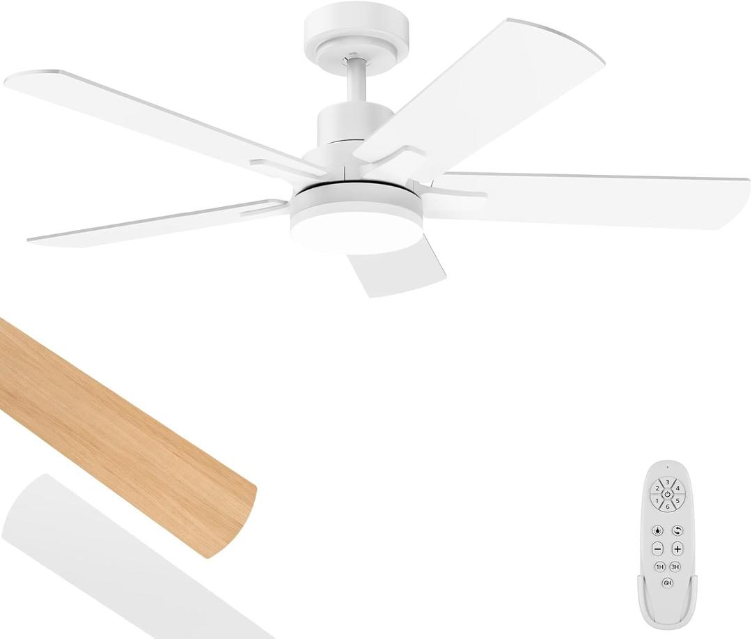 Ceiling Fan With Light 42-Inch, Remote Control Reversible DC Motors, 3CCT Dimmable Timer Noiseless, White Ceiling Fan for Bedroom Living Room, Indoor&Outdoor ETL Listed