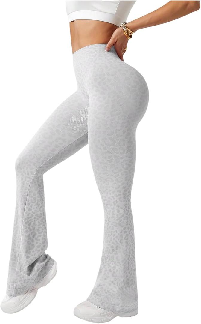 SHENHE Women's Flare Leggings Leopard Print High Waisted Butt Lifting Yoga Leggings Pants (Medium, Light Grey)