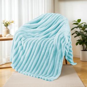 Exclusivo Mezcla Fleece Throw Blanket for Couch, Super Soft Striped Jacquard Bed Blanket, Lightweight Fuzzy Cozy for All Seasons, 50x60 Inches, Light Blue