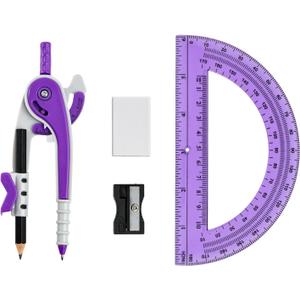 4 x Unjoo Compass for Geometry Set, 6 Inch Protractor, Clear Plastic (Purple)