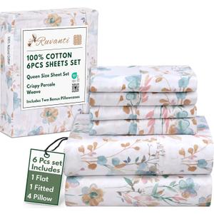 RUVANTI 6 Pcs Cotton Sheets - 100% Natural Cotton Soft, Lightweight & Breathable Crispy Percale Bed Sheets, Queen Sheet Set 16" Deep Pockets, Radiant RUVANTI 6 Pcs Cotton Sheets - 100% Natural Cotton Soft, Lightweight & Breathable Crispy Percale Bed Sheets, Queen Sheet Set 16" Deep Pockets, Radiant