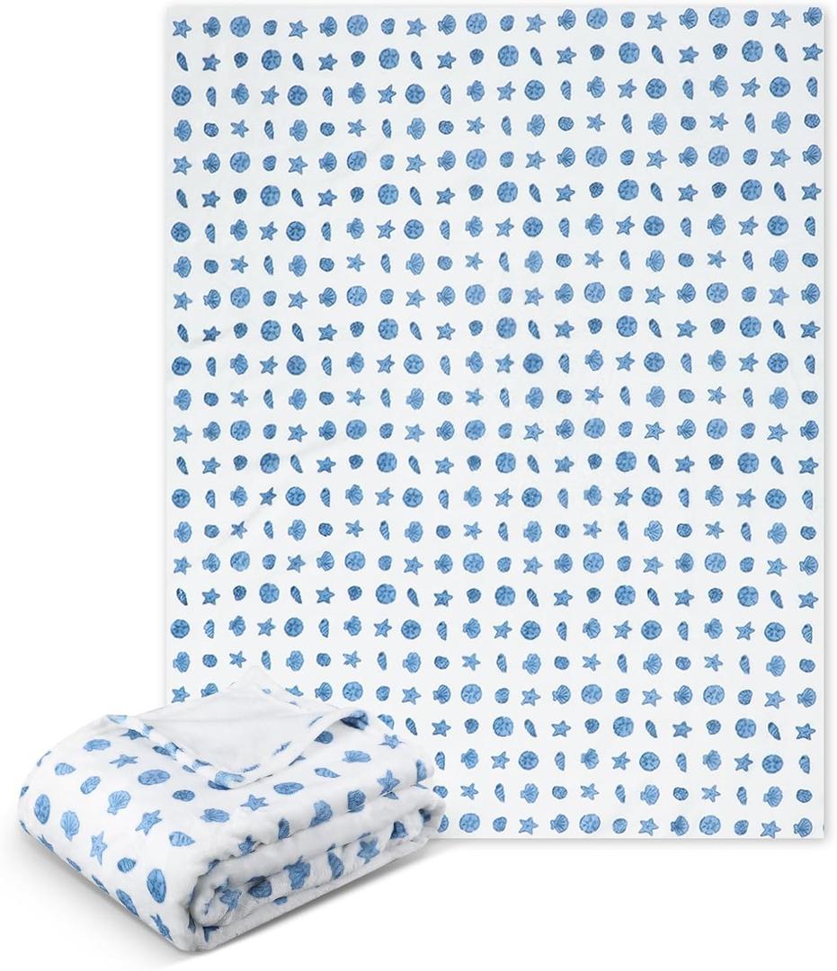 SmoothNovelty Ocean Life Ocean Beach Coastal Throw Blanket 50x60in Blue Nautical Coastal Bed Blanket Seashell Starfish Soft Flannel Throw Blankets for Adults Sofa Couch Bed Room Birthday Gift Decor