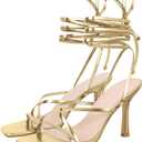 LISHAN Women's Stiletto High Heels Strappy Lace Up Sandals (8, Gold)