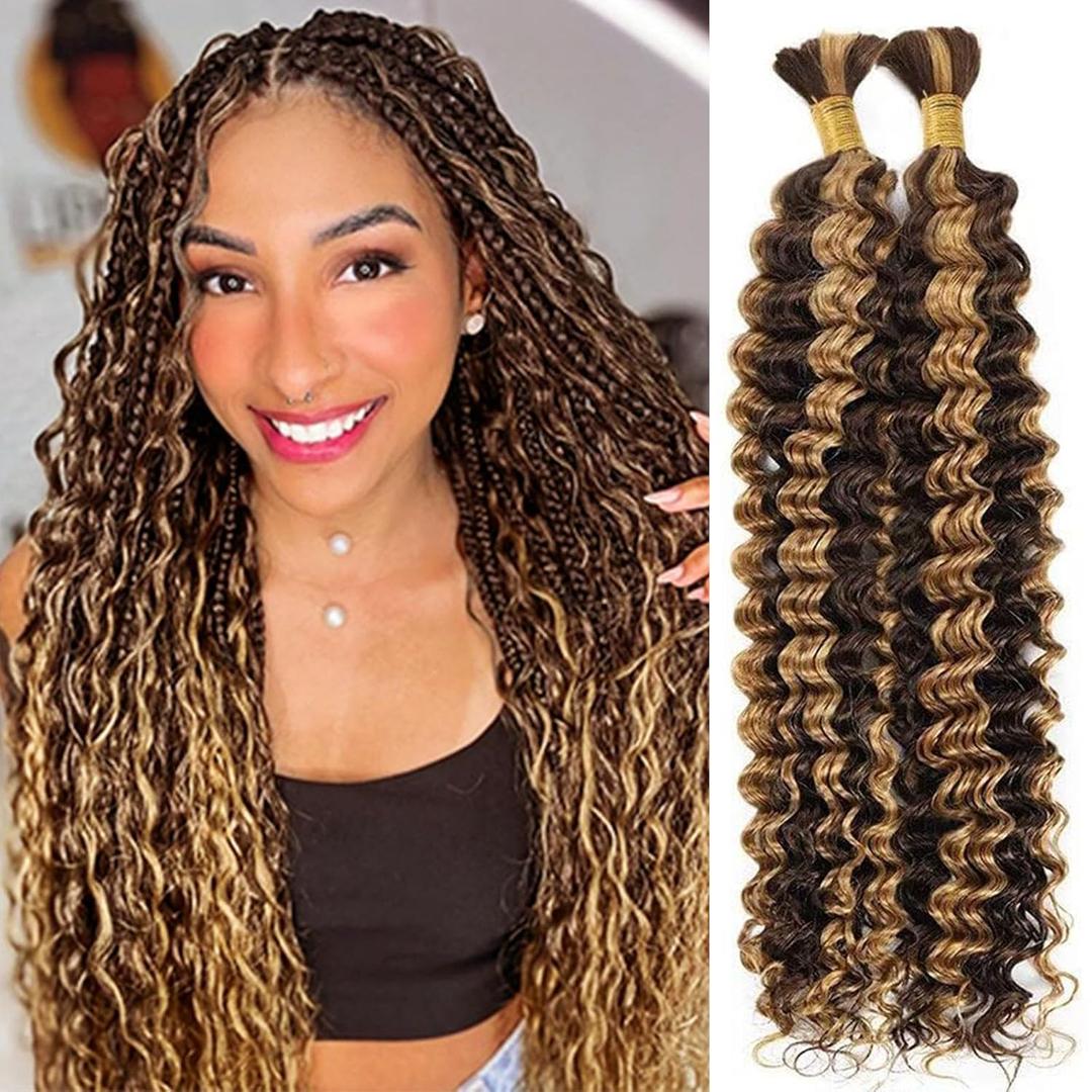 Braiding Human Hair P4/27 Omber Deep Wave Human Hair Bulk 18 Inch Omber Chocolate Light Brown Unprocessed Quick Weave Soft Sewn In Hair Extensions for Black Women