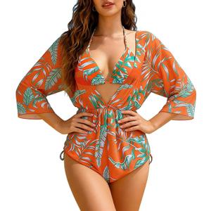 Bolsamila Three Piece Swimsuit for Women Tropical Swimwear Halter Triangle Floral Print Halter Bikini Set Bathing Suit Summer Beach Orange, Large