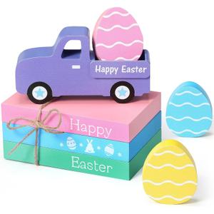 Marsui 5 Pieces Easter Table Decorations Wooden Truck Easter Eggs Blocks Spring Wood Book Stacks Centerpieces Signs for Home Indoor Table Topper Tiered Tray Decor Supplies
