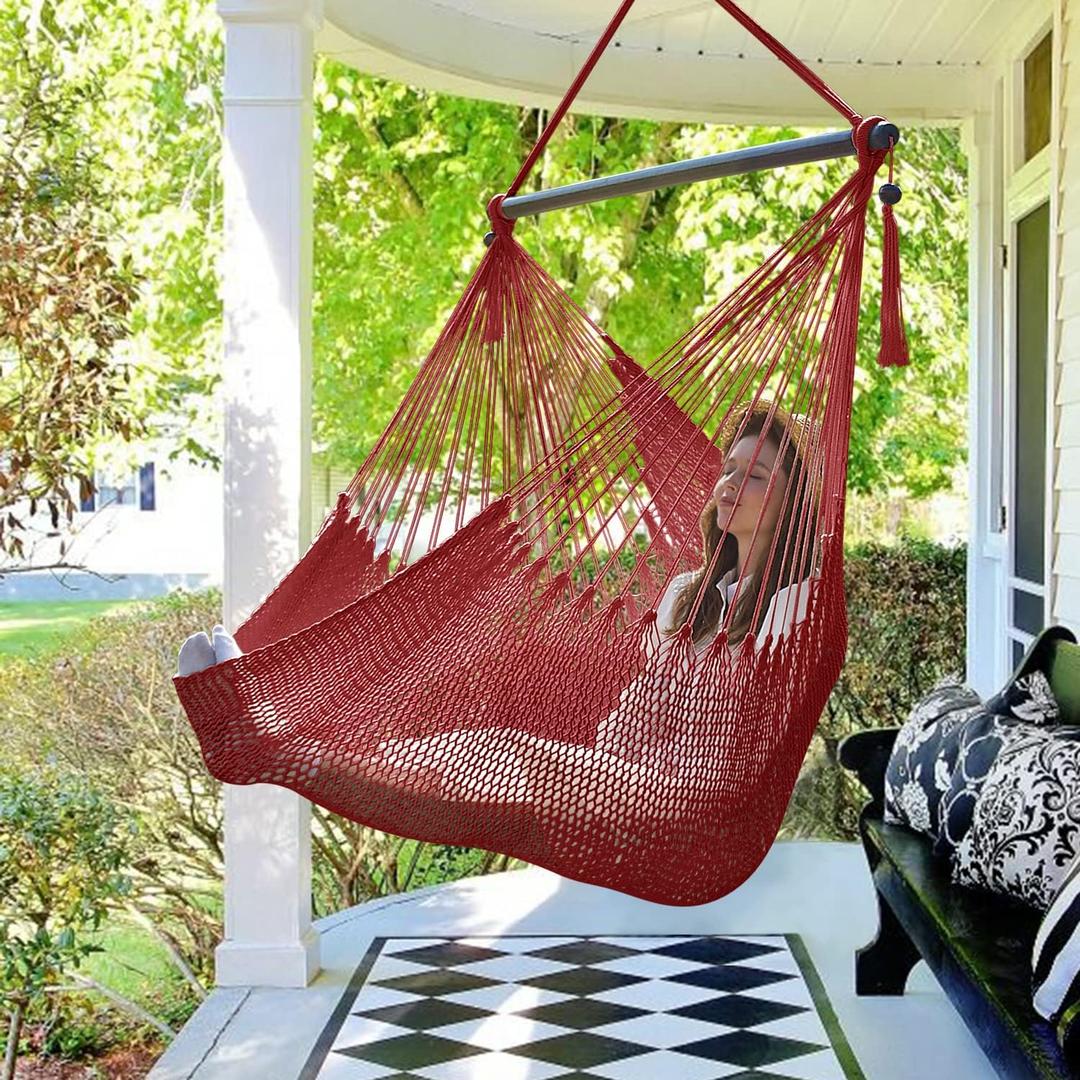 Bathonly Large Hammock Chair with Spreader Bar, Caribbean Hammock Swing Chair, XL Hammock Chair Outdoor Indoor, 330 LBS Weight Capacity, Red