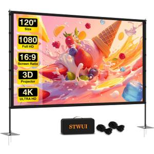 STWUI Outdoor-Projector-Screen-with-Stand - 120 inch Portable Projection Screen Indoor Outdoor Projector Screens 16:9 4K HD Lightweight Movie Screen with Carry Bag for Backyard Movie Night