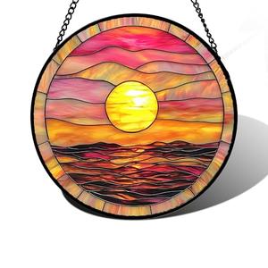 DASTOLL Stained Glass Window Hanging, Sunrise Sea Surface Sun Catchers Diamond Glass Panel Hangings Abstract Suncatcher Decor for Birthday for Women, Men, Wife, Aunt, and Mom 11.8 in