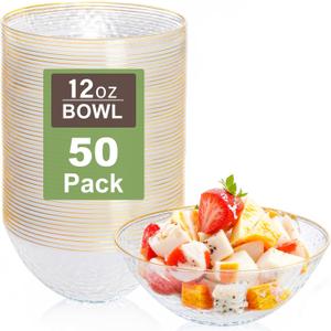 I00000 50 Pack 12 Ounce Clear Plastic Bowls Hammered with Gold Rimmed, Heavy Duty Disposable Bowl Set, Small Bowls for Wedding Day