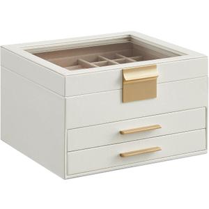 SONGMICS Jewelry Box Organizer with Glass Lid, 3-Layer Jewelry Storage, with 2 Drawers, Modern Style, 8 x 9.1 x 5.3 Inches, Cloud White and Gold Color UJBC239WT