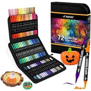 72 Colors Acrylic Paint Markers, Dual Tip with Fine Tip and Brush Tip Pens for Stone, Wood, Calligraphy, Canvas, Ceramic, Metal, Glass, Rock Painting, DIY Crafts Art Supplies Kit