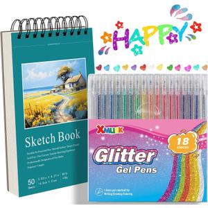18 Colors Glitter Gel Pens Set with A5 Sketchbook (50 Sheets 120gsm) - Colored Gel Markers for Adult Coloring Book, Scrapbooking, Journaling, Card Making - Art Gift Set for Artists (XGP-18)