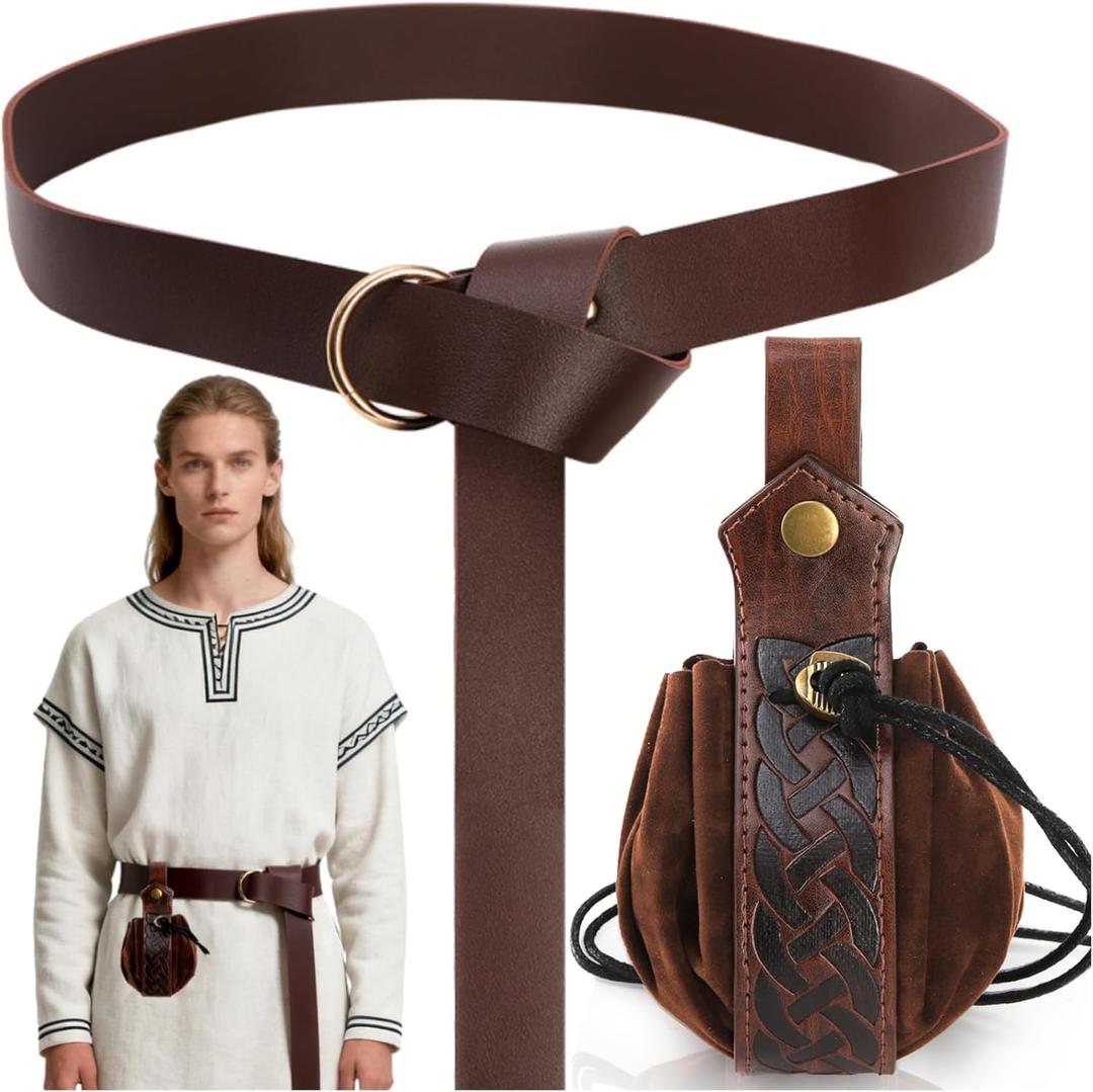 2 Pcs Medieval Belts with Belt Pouch, Renaissance Leather Belt with Drawstring Bag, Vintage Knight Belts and Waist Bag, Renaissance Medieval Leather Set for Halloween Cosplay