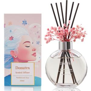 Flower Reed Diffuser Set 5.07oz Sandalwood Rose Scent Diffuser with Sticks Home Fragrance Reed Diffuser for Bathroom Shelf Decor