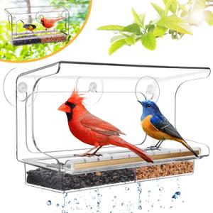 LUJII Shatterproof Window Bird Feeder with Strongest Suction Cups, Polycarbonate Window Mount Feeder with Crystal Clear View & Life-Out Tray, Fits Bigger Birds Like Cardinal or Blue Jay, Clear