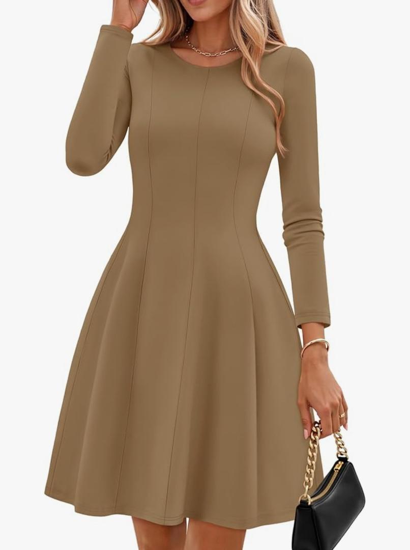 ZESICA Womens Long Sleeve Mini Dress 2026 Fall Crewneck Pleated Babydoll A Line Flowy Wedding Party Short Dresses, M