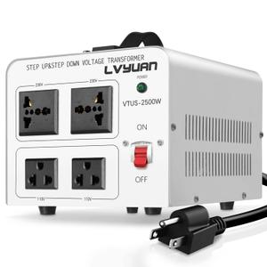 LVYUAN 2500 Watt Voltage Transformer Converter Step Up/Down Converter 110/120 Volt - 220/240 Volt with 2 US outlets, 2 Universal outlets and CE Certified,Circuit Break Protection