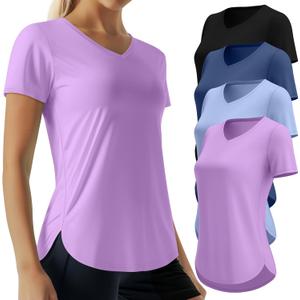 Oakgarden 4 Pack Women's Workout Tops Quick Dry UPF 50+ Exercise V Neck UV Lightweight Gym Side Slits Curved Hem Shirts (Large, Black, Blue, Light Blue, Taro Purple)