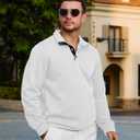 Lexiart Mens Fashion Quilted Long Sleeve Sweatshirts Thermal Stand Collar Quarter Button Up Pullover Sweatshirt (White, XXL)