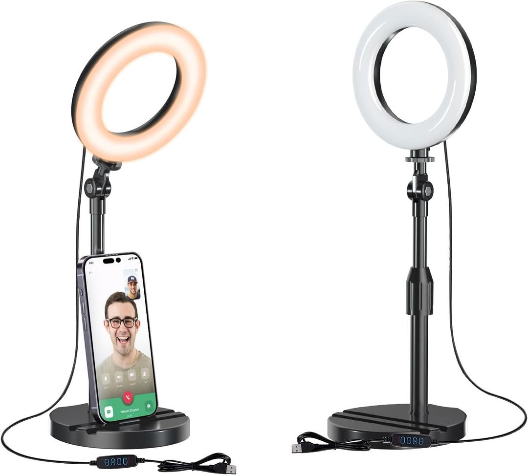 Desk Ring Light with Telescopic Stand, Travel Desktop Hola Light for Phone Selfie Laptop Zoom Video Calls Makeup Tiktok Reels Live Streaming (Matte Black)