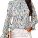 Womens Frill Mock Neck Boho Floral Tops Elegant Puff Long Sleeve Shirts 2025 Casual Vacation Outfits Work Blouse (Blue, XL)