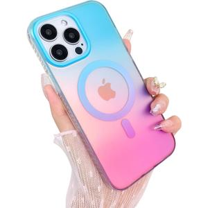 Aesthetic Case for iPhone 13 Pro Max Case for Women Girls, Compatible with Magsafe, Cute Girly Trendy Glitter Sparkly Rainbow Magnetic Protective Phone Cover, Matte Iridescent Blue & Pink