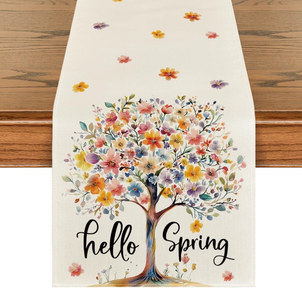 Artoid Mode Bloom Flower Tree 210 GSM Hello Spring Table Runner, Seasonal Summer Kitchen Dining Table Decoration for Home Party Decor 13x120 Inch