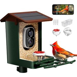 Smart Bird Feeder with Camera Solar Powered 2K HD Video, 10,000+ Species AI Recognition, Real-Time App Alerts, and Weatherproof Design for Effortless Birdwatching, Gift for Bird Lovers, Green Brown