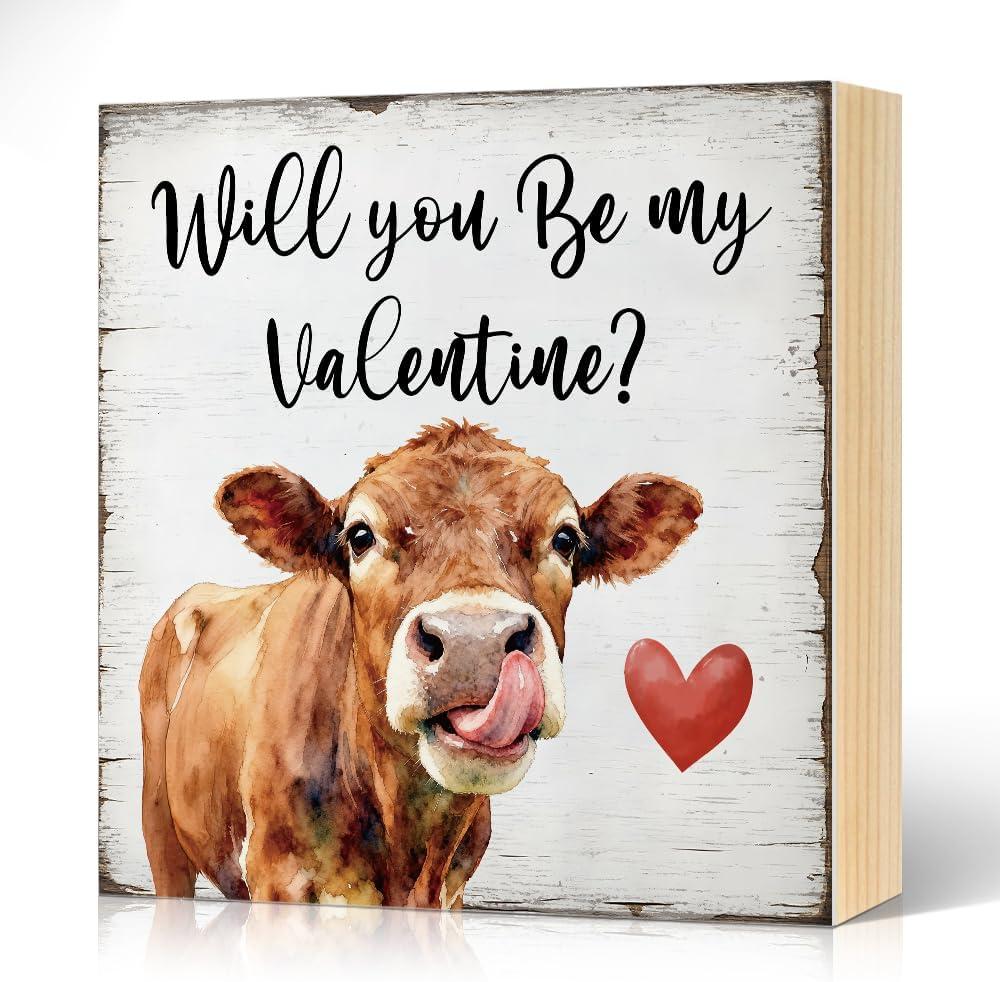 2 x Will You Be My Valentine Wood Block Plaque Box Sign for Home Living Room Coffee House Bar Shelf Table Office Decoration, Valentines Day Anniversary Decor Gifts for Girlfriend Boyfriend Couple