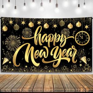 KatchOn, XtraLarge Happy New Year Banner - 72x44 Inch | Happy New Year Backdrop for New Years Decorations 2026 | NYE Eve Banner for NYE Decorations 2026 | New Years Eve Party Supplies 2026 (Gold & Black)