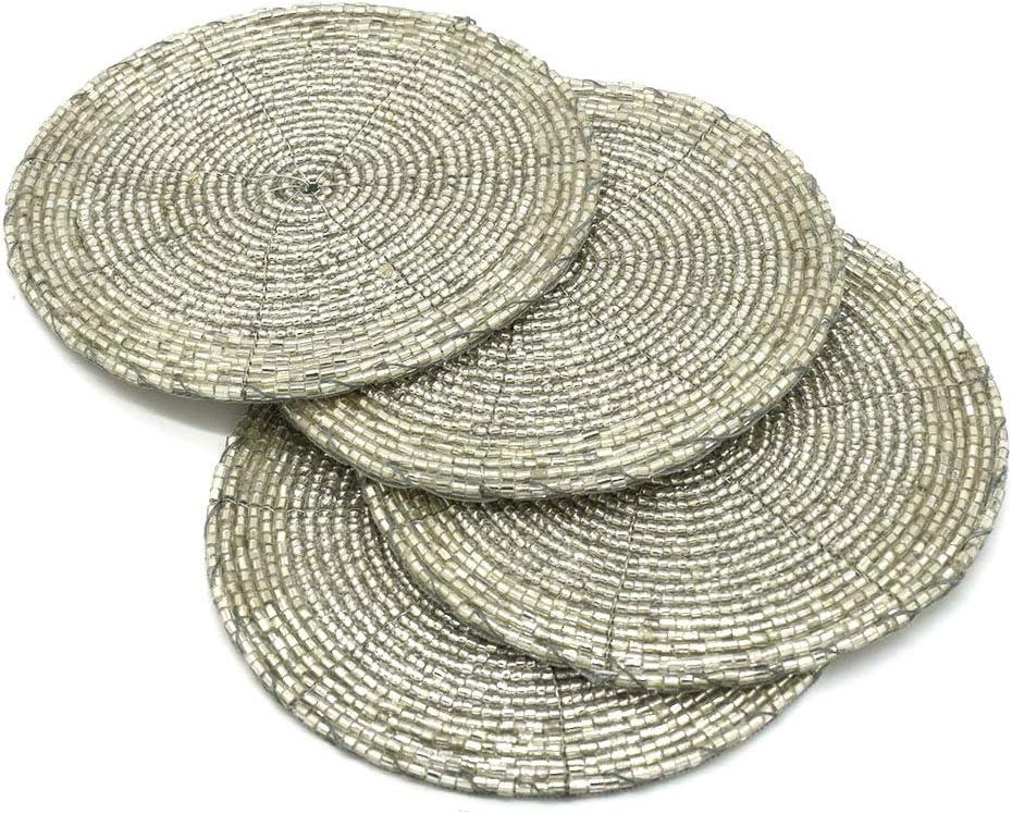 Indian Handmade Silver 4" Fully Beaded Round Coasters for Top Dinning and Coffee Table Accessories for Home Dcor and Thanksgiving Gift Set of 4 PC