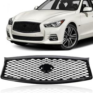 Front Bumper Upper Grille accessories Compatible with 2014-2017 Infiniti Q50 Replacement Shroud W/Camera Hole Air Inlet Gloss Black Mesh Grill 623104HB1B