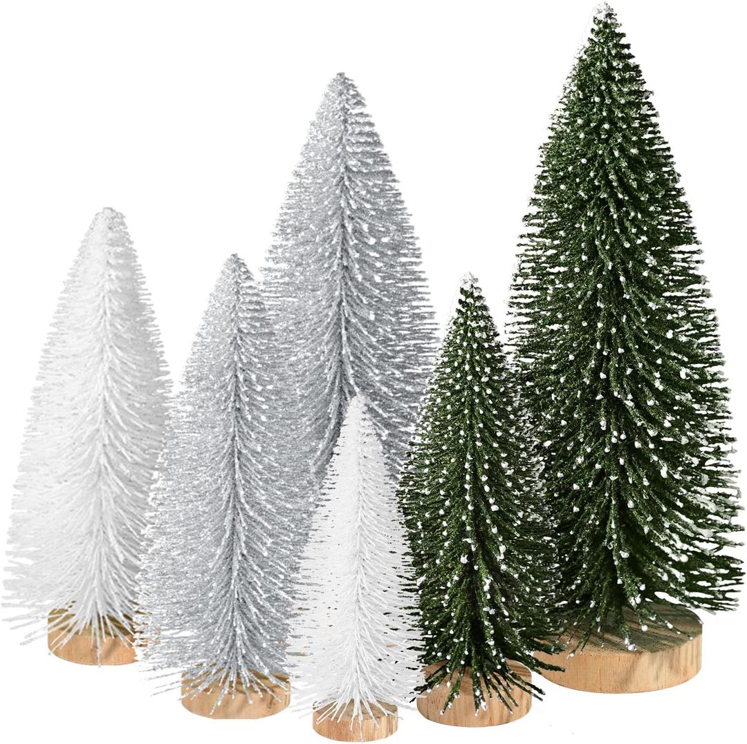 6pcs Mini Christmas Trees Christmas Decor, Artificial Christmas Mini Bottle Brush Trees Tabletop, Christmas Decoration Trees with 4 Size Xmas Holiday Decor (6pcs Green+Silver+White)