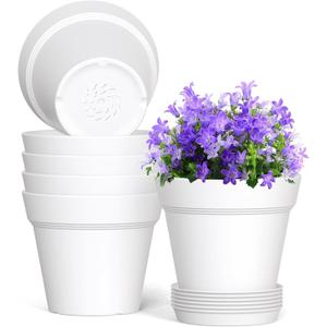 WSMKSZ 7 Inch Thick Plastic Plant Pots with Drainage Holes and Trays 6 Pack Nursery Pots for Indoor & Outdoor House Plants, Seedling Starter Planters for Garden Flowers, White