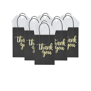 DjinnGlory 50 Pack Small Black Thank You Paper Gift Bags with Handles 9x5.5x3.15 Inch and Tissue Paper for Graduation Wedding Bridal Baby Shower Party Favors Goodies, Business Shopping Bags