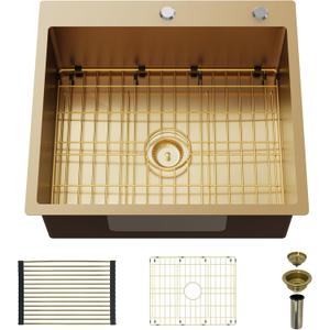 Gold 25"x22" Stainless Steel Drop-In Single Bowl Kitchen Sink - Topmount With Gold-Tone Accessories, Rack, Grid, and Drain Assembly for Modern Luxurious Look