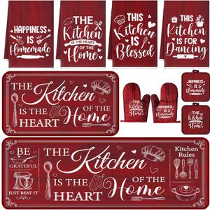 Fourluoo 10 Pcs Farmhouse Kitchen Decor and Accessories Set 4 Kitchen Towels 2 Pot Holders 2 Oven Mitts 2 Rugs for Cooking Baking Mom Housewarming Gifts(Red,Classic Style)