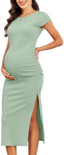 AISWI 2025 Women's Split Maternity Dress Fine Ribbed Ruched Pregnancy Clothes Baby Shower Dresses M