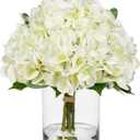 Hollyone Real Touch White Hydrangea Artificial Flowers in Vase Latex Large Faux Hydrangea Flowers Arrangements Hydrangeas Fake Flower with Glass Vase with Faux Water for Table Centerpiece Home Decor