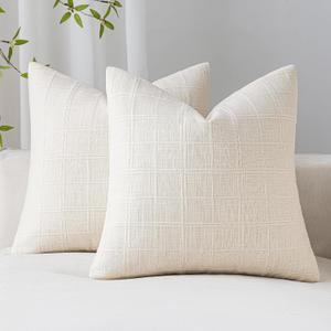 Decorative Linen Check Throw Pillow Covers Set of 2, 18"x18" White Neutral Cushion Covers, Farmhouse Vintage Modern Boho Home Decor for Sofa Chair Couch Bedroom